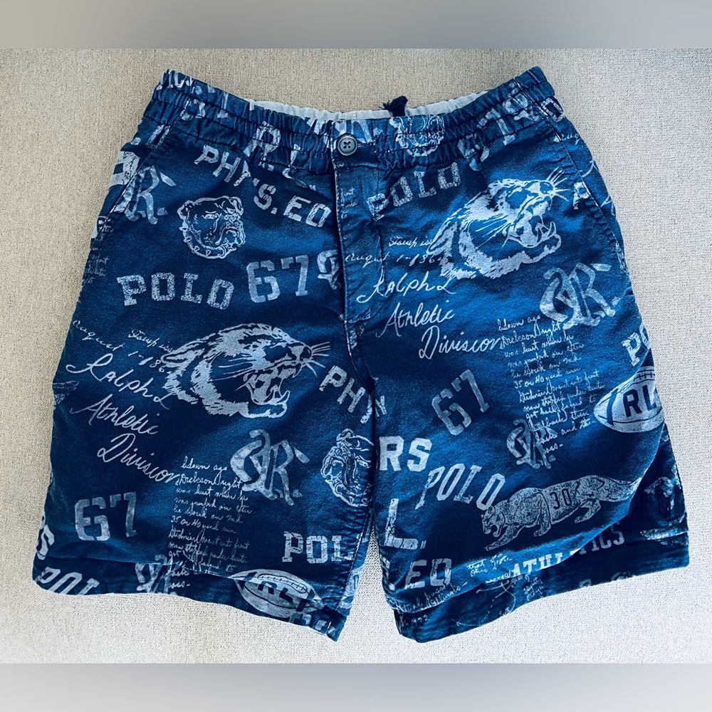 Polo Ralph Lauren boys reversible navy print blue pony shorts 10 cotton